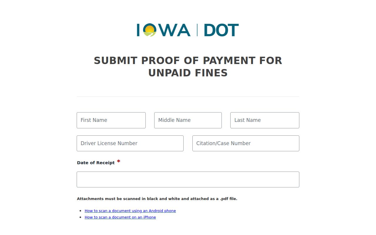 Iowa traffic-warrant context: blank Iowa DOT proof-of-payment form for fine suspension
