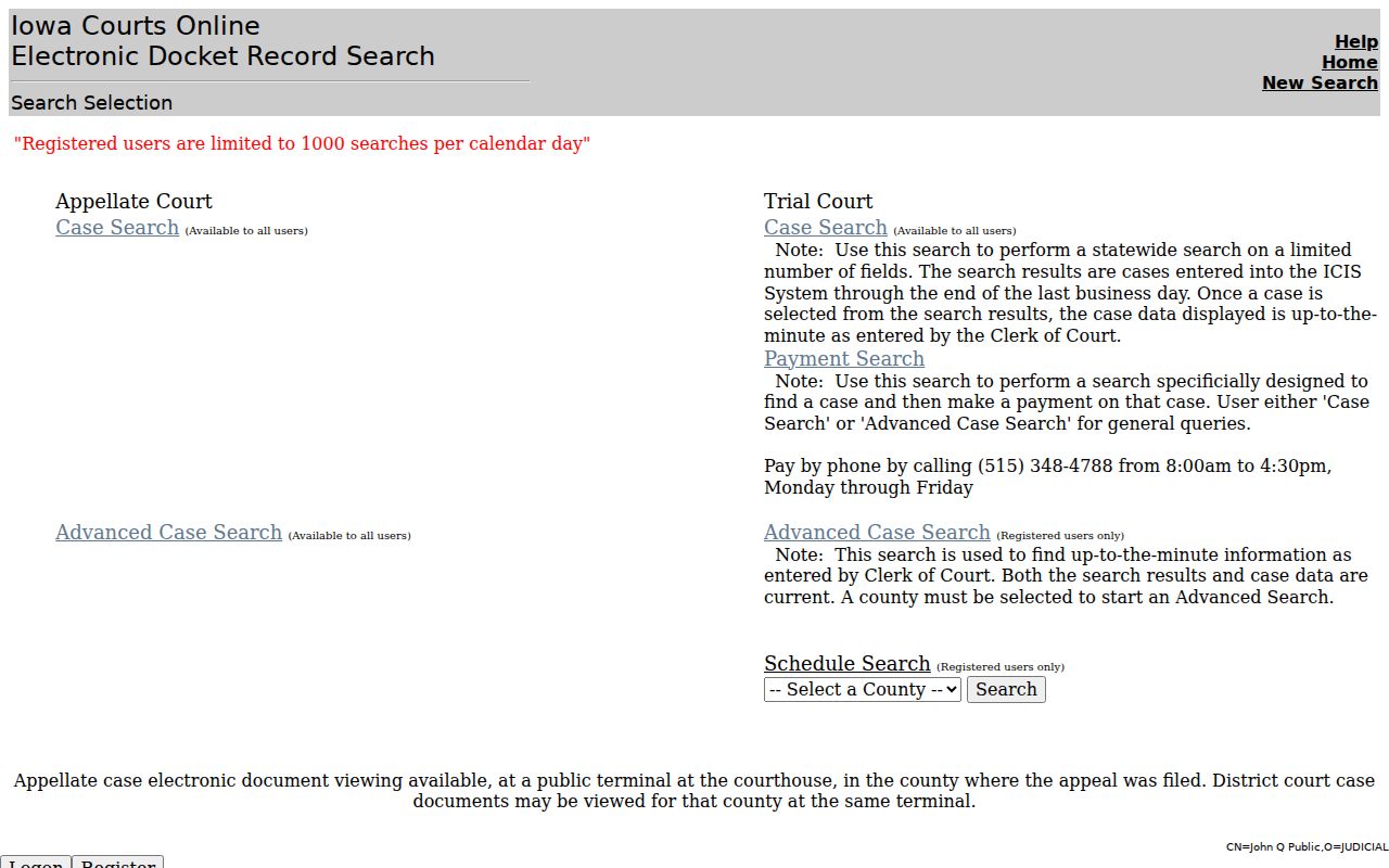 Iowa municipal-warrant context: blank Iowa Courts Online trial-court case search interface