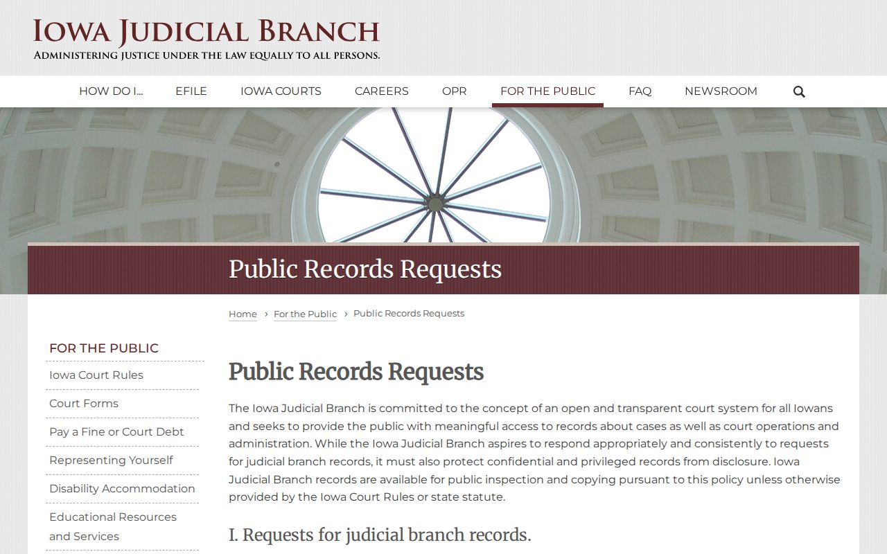 Iowa bench warrant records reference showing the Judicial Branch public records request page
