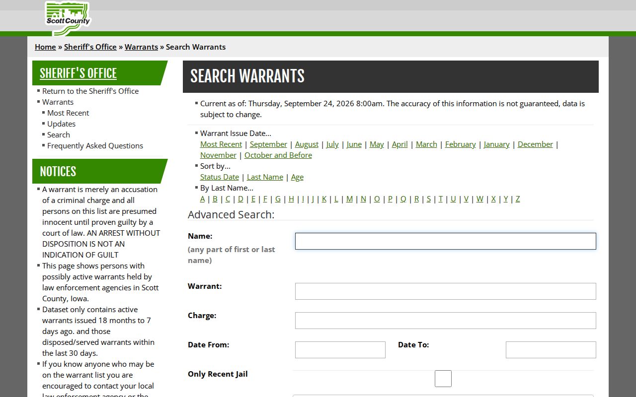 Iowa warrant search example showing blank Scott County sheriff search fields