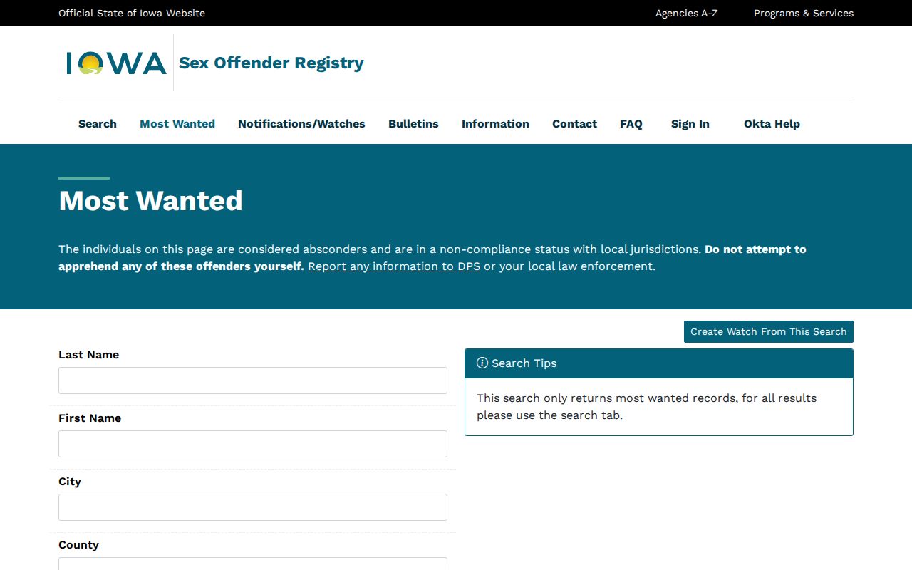 Iowa Registry Most Wanted blank search controls